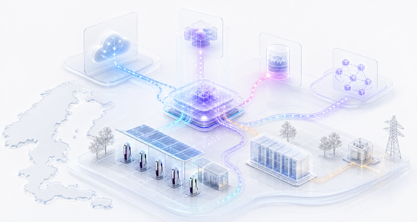 Translucent platform diagram connecting chargers, BESS, CPMS, cloud, and grid evidence